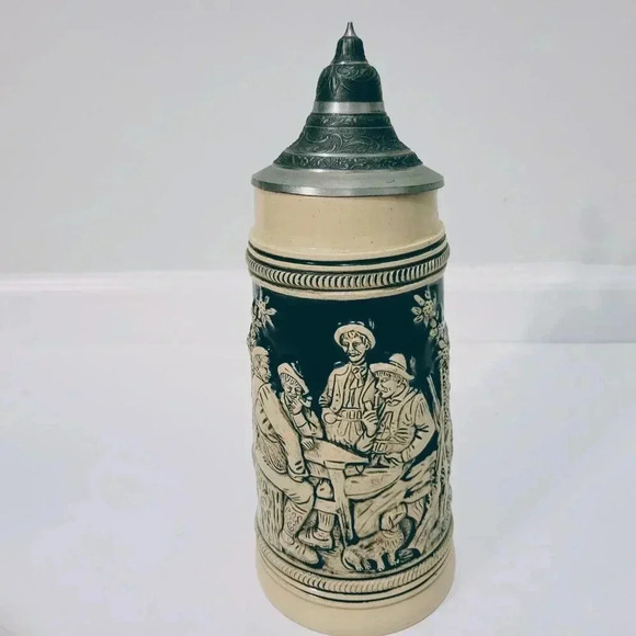 Egon Bay German Beer Stein Zinn Pewter Lidded 10 3/4" Porcelain Hunters Meeting - Picture 2 of 8